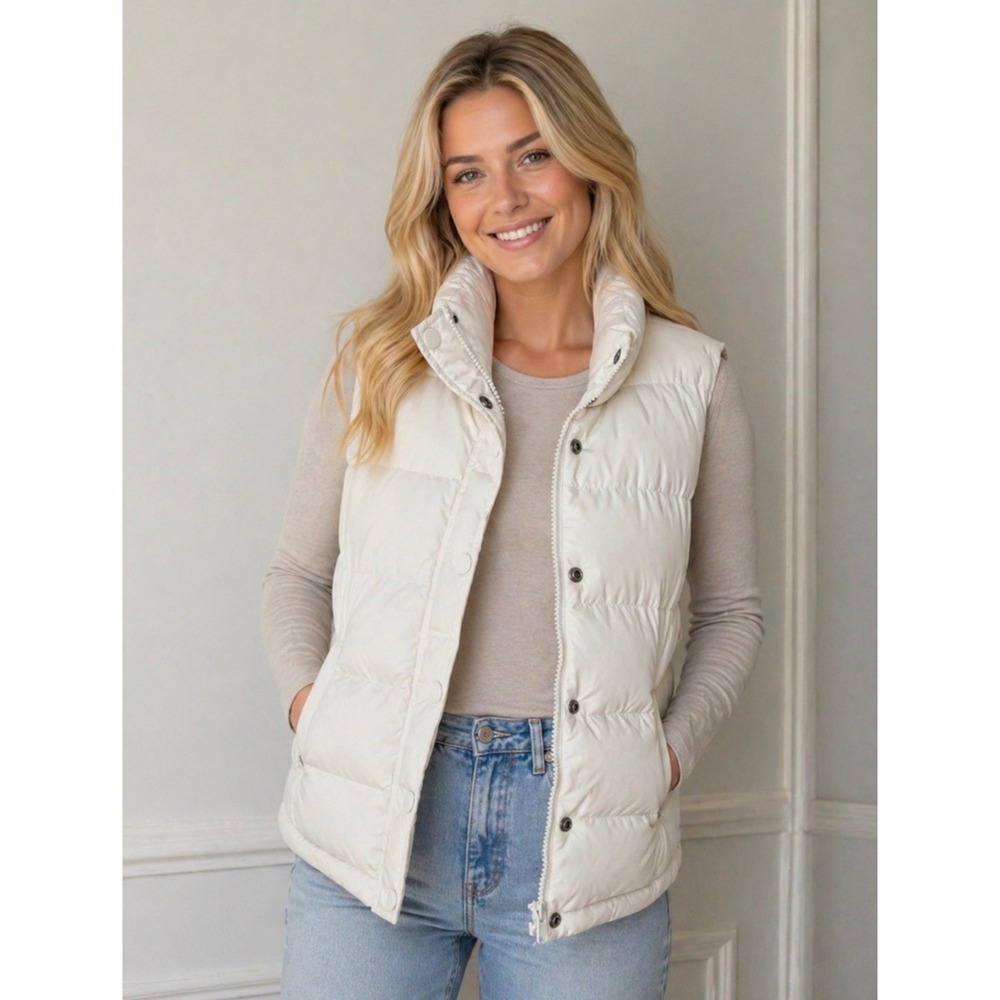 J.Crew Womens Ivory White Sherpa Lined Down Puffer Vest Size XS Funnel Neck
